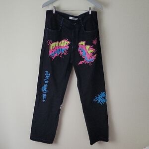 Bershka Men's Black Graffiti Jeans- Size 32